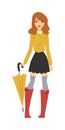 Young girl with multicolored umbrella in nice fashionable clothes and red rubber boots character vector.