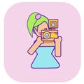 Multicolored vector image of a smiling girl with a bright camera in her hands