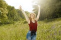 Young girl on nature with hat and binocular. Summer Royalty Free Stock Photo