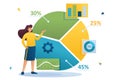 Young girl next to a large chart and a set of analytical data to analyze the information. Flat 2D character Concept for web design