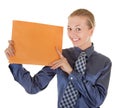 Young girl in the office clothes and with a yellow Royalty Free Stock Photo