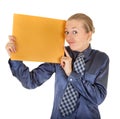 Young girl in the office clothes and with a yellow Royalty Free Stock Photo