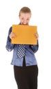Young girl in the office clothes and with a yellow Royalty Free Stock Photo
