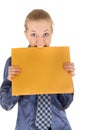 Young girl in the office clothes and with a yellow Royalty Free Stock Photo