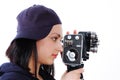 Young girl with old film (movie) camera Royalty Free Stock Photo