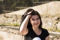 Young girl in old fotball stadium Royalty Free Stock Photo