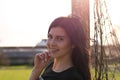 Young girl in old fotball stadium