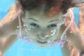 A young girl with open eyes dives under the water