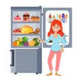 Young girl with open fridge vector illustration. Woman and refrigerator full food. Female standing near fridges Royalty Free Stock Photo