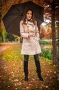 young girl in overcoat in forest. Fashion woman in coat in park. Slim young fashion model wearing white coat outdoor.