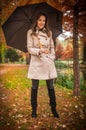 young girl in overcoat in forest. Fashion woman in coat in park. Slim young fashion model wearing white coat outdoor.