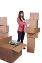 Young girl packing up and moving - isolated