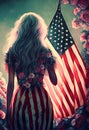 Young girl patriot with the USA Stars and Stripes American flag
