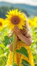 Young girl peeking behind sunflower in sunny field with blurred background, perfect for text