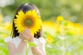 Young girl peeking behind sunflower in vibrant field with soft background, ideal for text overlay