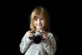 Young Girl Photographer with Old Camera Royalty Free Stock Photo