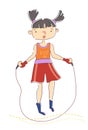 Young girl with pigtails skipping over a rope as she warms up for her workout in a health, sport and fitness concept