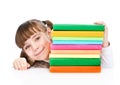 Young girl with pile books. isolated on white background