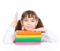 Young girl with pile books raising hand up