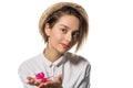 Young girl with a pink butterfly 2 Royalty Free Stock Photo