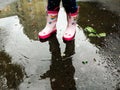 Young girl in pink rubber boots standing in a puddle after a rain outdoor on spring day