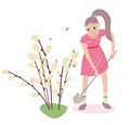 Young girl planting pussy willow at spring for Easter holiday. Illustration can be used for Easter and festive templates Royalty Free Stock Photo