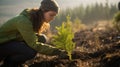 Young girl planting small samplings on the soil, Loved caring hands, ecosystem preservation, and reforestation concept