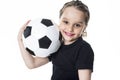 Young girl play soccer ball, Isolated over white Royalty Free Stock Photo