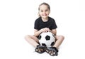 Young girl play soccer ball, Isolated over white Royalty Free Stock Photo