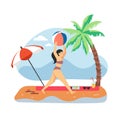 Young girl playing with ball on beach, flat vector illustration. Summer travel, tropical vacation. Royalty Free Stock Photo