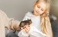 Young girl playing with small animal degu squirrel Royalty Free Stock Photo