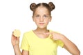 Young girl pointing on lemon fruit Royalty Free Stock Photo