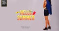 `Hello Summer` Young girl posing on summer sale promotional banner templates.