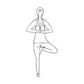 A young girl practices Hatha yoga. Namaste. Hands behind your back. Indian culture. Gymnastics, healthy lifestyle. Doodle style.