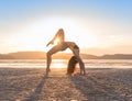 Young Girl Practicing Yoga On Beach At Sunset, Beautiful Woman Summer Vacation Meditation Seaside Royalty Free Stock Photo