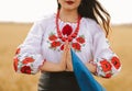 Young girl prays in the wheat field wearing Ukrainian national embroidered shirt with flower red wreath and holds flag at sunset y Royalty Free Stock Photo