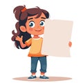 Young girl presenting blank paper poster, cheerful cartoon character, casual attire. Child Royalty Free Stock Photo