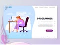 Young girl programmer at work in the office, flat style, landing page template. Royalty Free Stock Photo