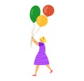 Young girl in purple dress walking with colorful balloons. Cheerful child enjoying a party or celebration. Happiness and