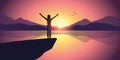 Young girl with raised arms on a cliff at purple mountain landscape by the lake at sunset