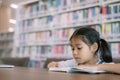 A young girl is reading a book in a library Royalty Free Stock Photo