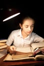 Young girl reading book at night dark at library Royalty Free Stock Photo