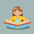 Young Girl Reading Book Sitting on Floor Characters Icon Symbol Royalty Free Stock Photo