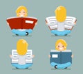 Young Girl Reading Book Sitting on Floor Characters Icon Symbol Stylish Isolated cartoon Design Concept Template Vector Royalty Free Stock Photo