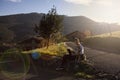 Young girl reading a story aloud to her dog who looks at the book smiling. rural area with sunset lights. mountains and farmhouses Royalty Free Stock Photo