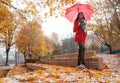 Young girl in a red coat with an umbrella standing on the alley Royalty Free Stock Photo