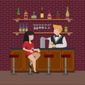 A young girl in a red dress sits on a high bar stool and waits for an order for a glass of beer. The bartender pours alcohol into