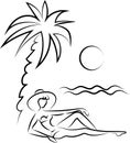 A young girl is resting on the seashore under palm trees. Sun, sea, palm trees, rest. Black outline, symbols, logo Royalty Free Stock Photo