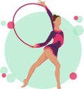 Young girl rhythmic gymnastics with hoops vector illustration. Training performance strength gymnastics. Championship workout
