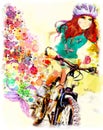 Young girl rides bicycle. Watercolor